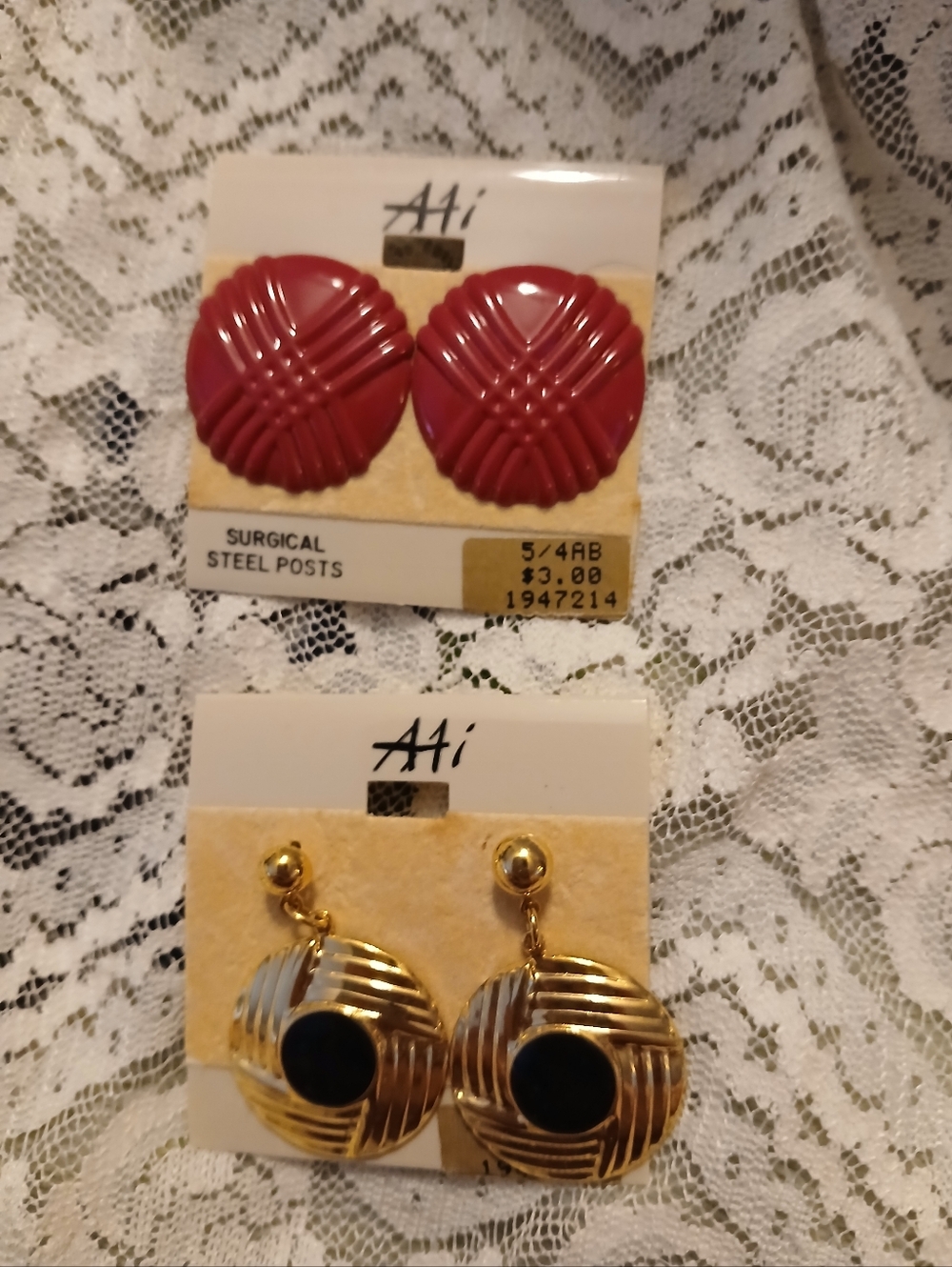Vintage 2 Pairs Ahi Earrings Gold-Tone Drop Earrings and Red Button Pierced